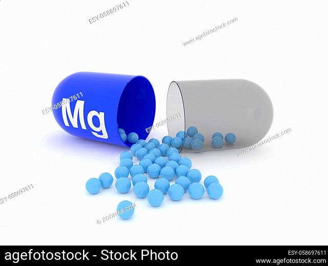 Open capsule with Mg Magnesium on a white table, food supplement concept, 3d rendering