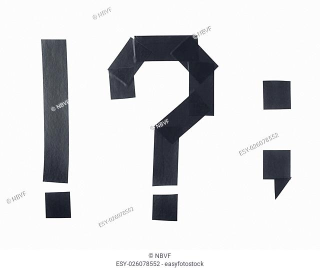 Set of punctuation marks, such as exclamation and question mark, period, comma made of insulating tape pieces, composition isolated over the white background
