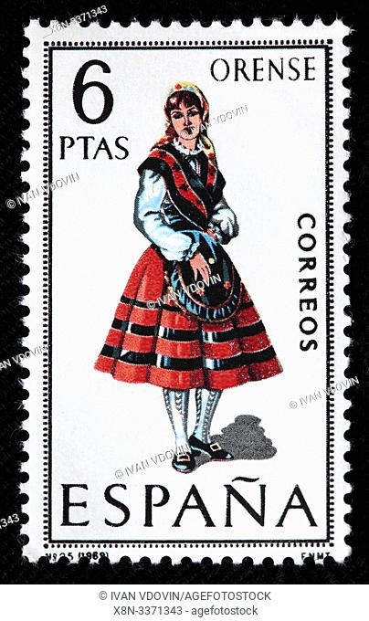 Orense, Ourense, Galicia, woman in traditional fashioned regional costume, postage stamp, Spain, 1969