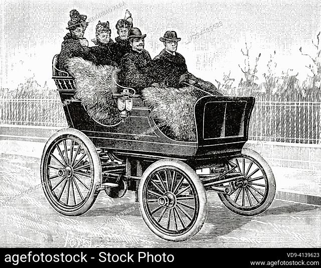 A 19th century compressed air car. Old 19th century engraved illustration from La Nature 1899
