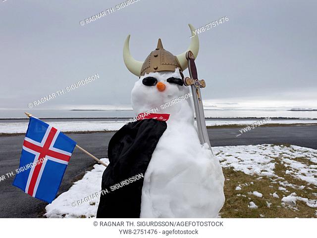 Snowman dressed as a Viking with an Icelandic flag, Seltjarnarnes, Reykjavik, Iceland