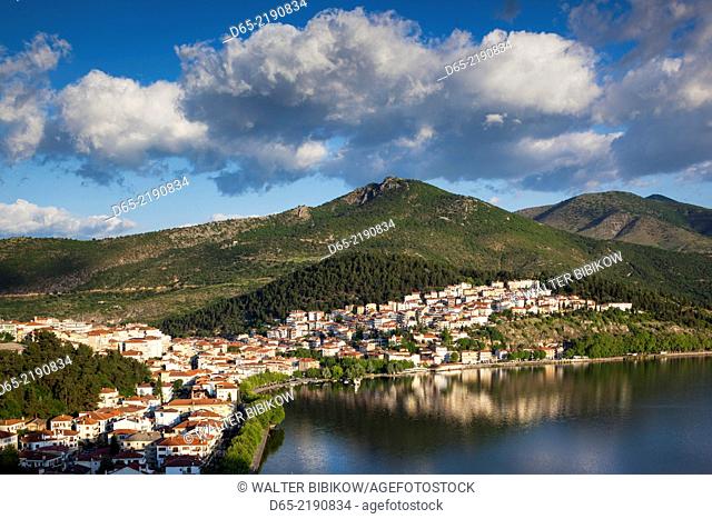 Greece, West Macedonia Region, Kastoria, elevated town view by Lake Orestiada from Agia Sotira church, dawn