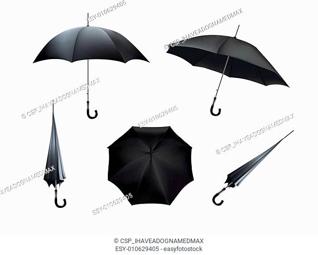 Complete set of black umbrellas, isolated on white background