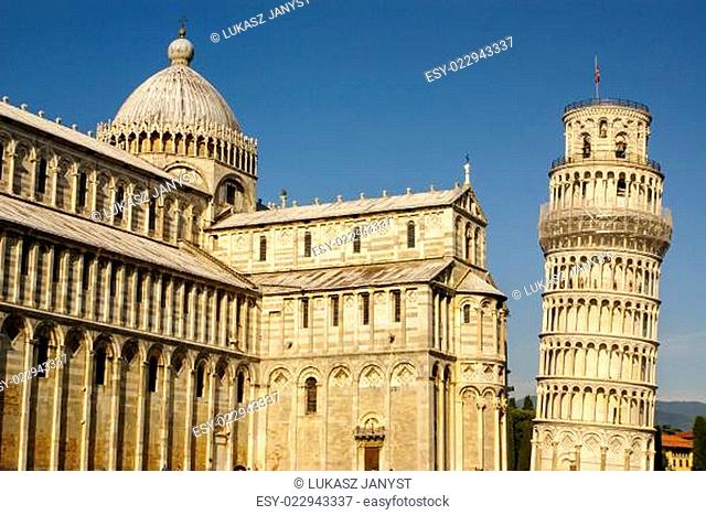 The famous Leaning Tower in Pisa on cloudy sky background