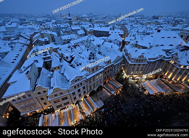 A view from the tower of the Old Town Hall during the lighting of the Christmas tree on Old Town Square, Prague, Czech Republic, December 2, 2023