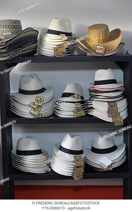 A pile of colombian sombrero's in a shop of Salento, Colombia