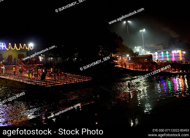 November 7, 2022, Kolkata, India: Illuminated ghats on Ganga are seen on the occasion of Dev Deepavali, is the festival of Kartik Poornima
