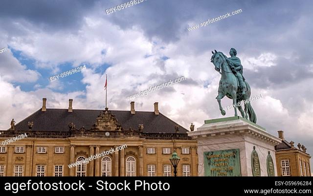 Statue of Frederick V by Jacques Francois Joseph Saly, center of the Amalienborg Palace Square in Copenhagen, Denmark