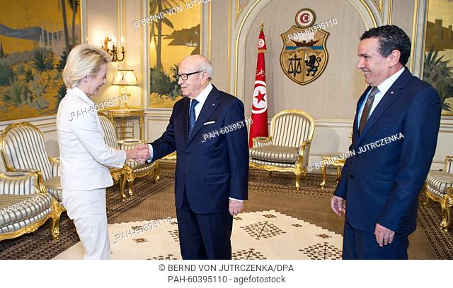 Defence Ministers Ursula von der Leyen (CDU) is greeted by the President of Tunisa Beji Caid Essebsi at the Presidential Palace in Tunis, Tunisa, 29 July 2015