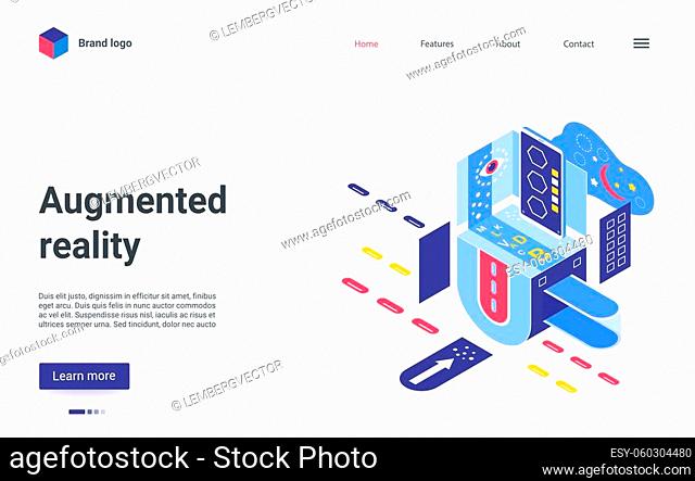 Augmented reality landing page vector template. Interactive technology website homepage interface layout with isometric illustration