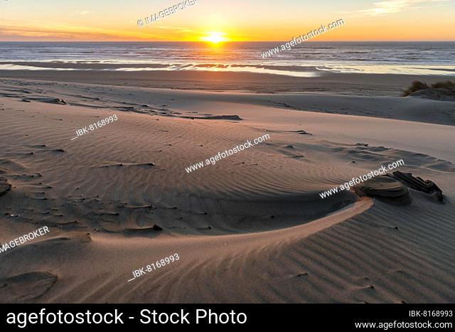 Sunset over the sea, sandy beach with sand dunes on the coast, Alder Dune, Baker Beach, Holman Vista viewpoint, Oregon, USA, North America