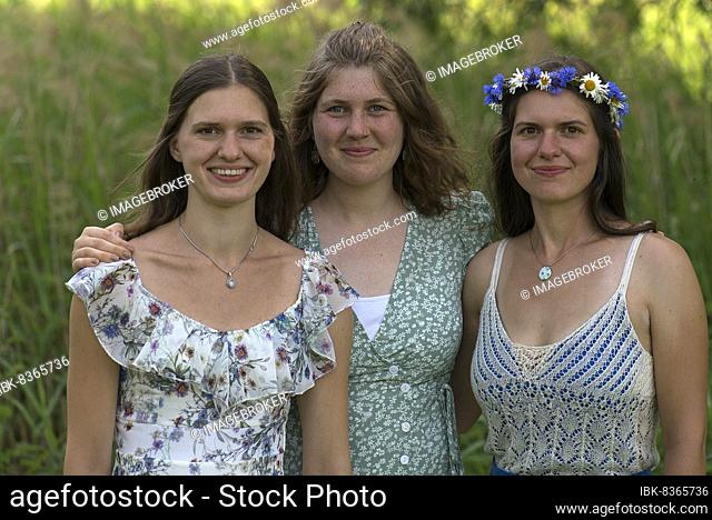 Portraits of three young woman, Mecklenburg-Western Pomerania, Germany, Europe