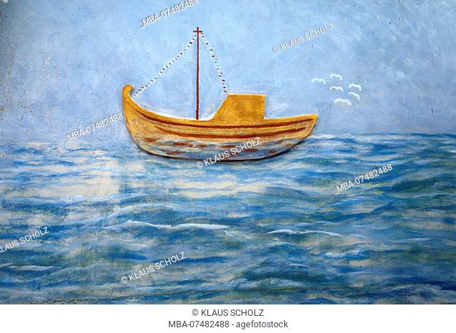 small boat on lake as a mural in Greece