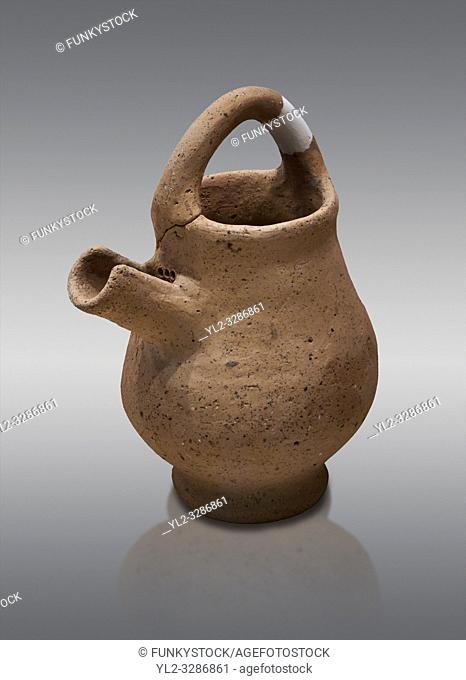 Hittite terra cotta side spout with strainer basket handle pitcher. Hittite Period, 1600 - 1200 BC, Ortakoy Sapinuva . Ortakoy Sapinuvwa