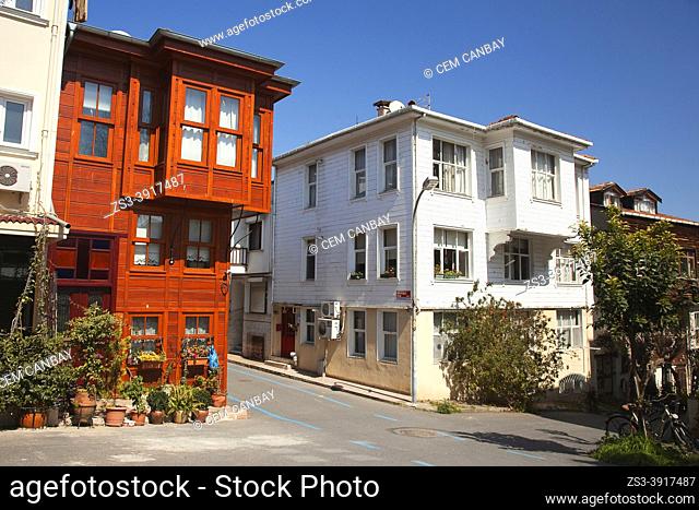 Traditional wooden houses at the center of Heybeliada-Halki Island, Prince Islands, Istanbul, Marmara Region, Turkey, Europe