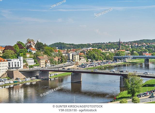 View of the River Elbe, the 1934 built Altstadtbruecke (Old Town Bridge, front) and the railway bridge, built in 1926, Meissen, Saxony, Germany, Europe