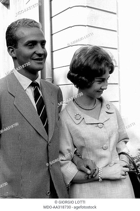 Juan Carlos of Spain with Sophia of Greece. The Spanish prince Juan Carlos of Bourbon going arm in arm with fiancee Sophia of Greece