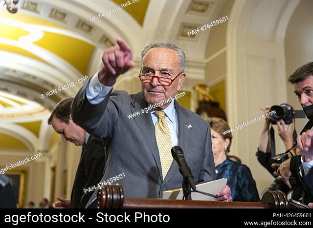 United States Senate Majority Leader Chuck Schumer (Democrat of New York) gestures towards a reporter as he answers questions at the press conference following...