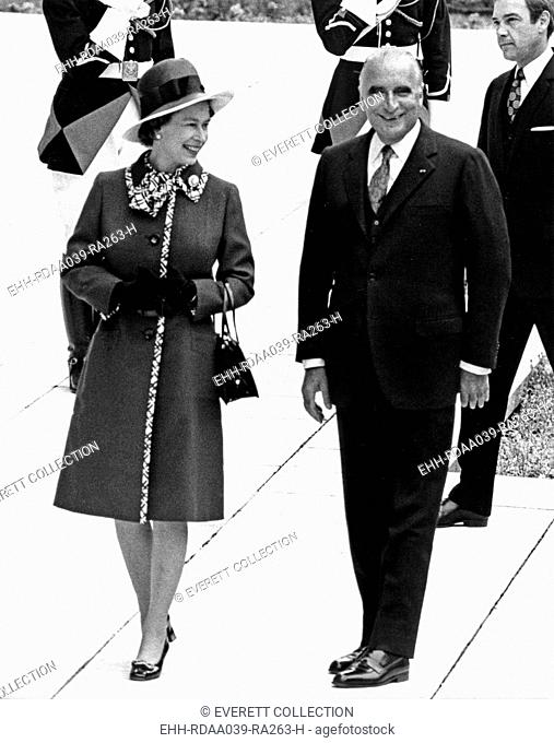 Queen Elizabeth II in Paris, May 15, 1972. Here at the Elysee Palace, with the french president Georges Pompidou. May 15, 1972