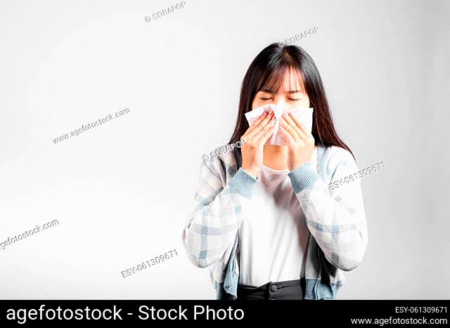 Unhappy woman bad mood her cry wipe mucus with tissue, beautiful young female stress feel sneezing sinus use towel to wipe snot from nose