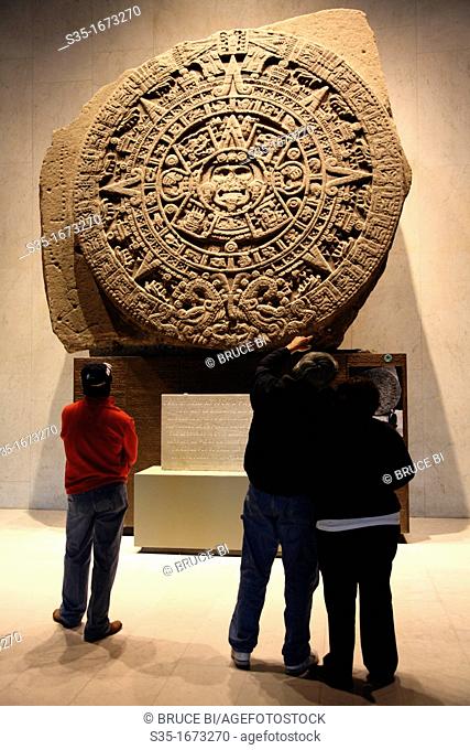 Stone of the Sun aka Aztec calendar stone display in National Museum of Anthropology  Mexico City  Mexico