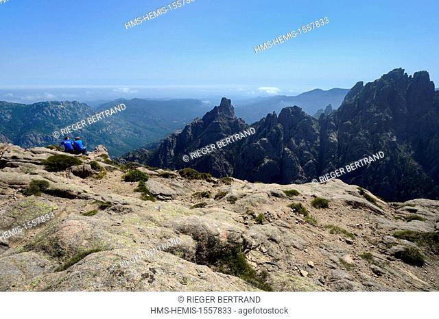 France, Corse du Sud, Alta Rocca, massif of Bavella, headland of Punta Velacu overlooking the steep Aragale ravine
