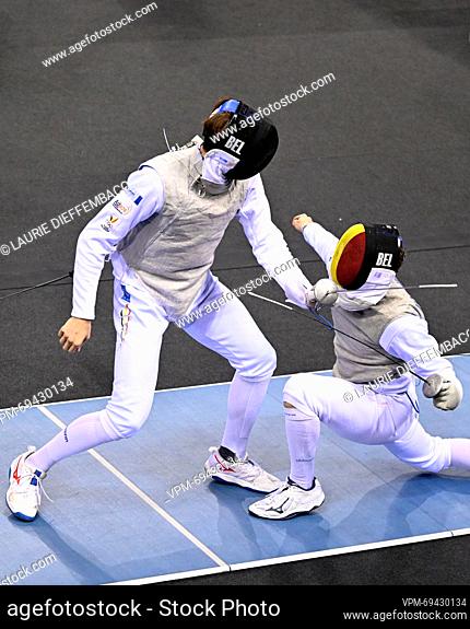 Fencing Athlete Mathieu Nijs and Fencing Athlete Stef Van Campenhout pictured in action during the 1/16 final in the men's foil competition