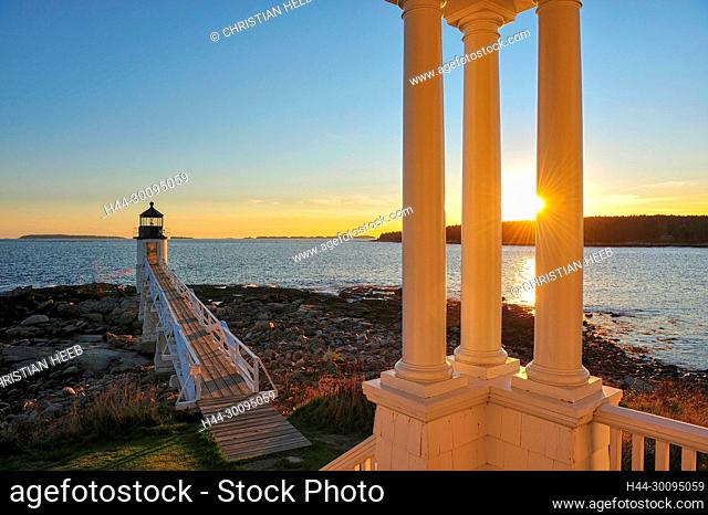 North America, East Coast, New England, Maine, Rockland, Marshall Point, Lighhouse at sunset
