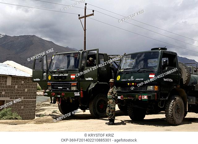 A truck Tata and Ashok Leyland (right) of Indian Army on the NH 1, National Highway One, Himalayas, Ladakh, Jammu and Kashmir, India on June 30, 2012