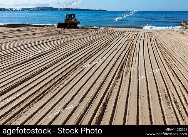 France, French Riviera, Cote d'Azur, Cannes, Beach Improvement by Reallocation of White Sand
