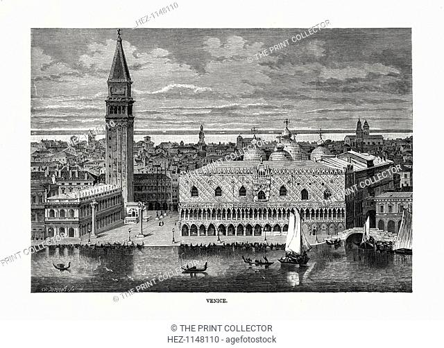 'Venice', Italy, 1879. View of the Doge's Palace and the Campanile, with the domes of St Mark's Cathedral beyond