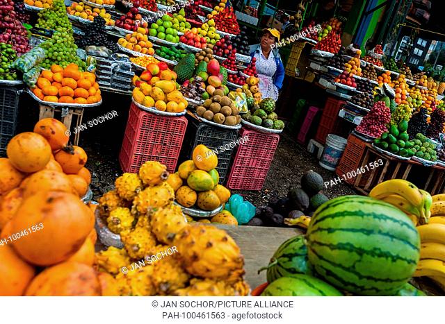 A Colombian vendor sits behind the piles of fruits at the market of Paloquemao in Bogota, Colombia, 25 November 2017. | usage worldwide