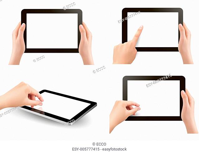 Set of tables pc with hands. Vector