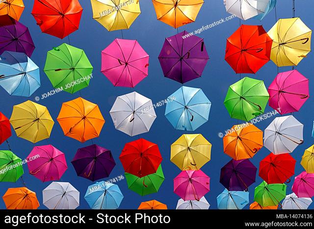 colorful umbrellas on the market square in dorsten, dorsten, recklinghausen district, north rhine-westphalia, germany