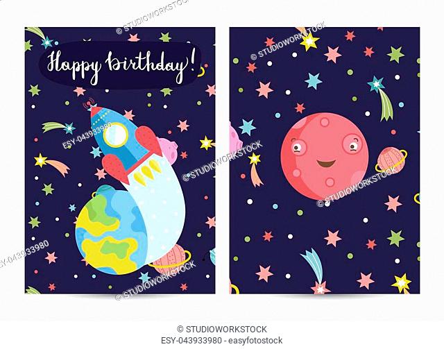 Happy birthday cartoon greeting card on cosmic theme. Rocket flying from Earth to space, smiling Mars planet surrounded stars and comets vector illustration