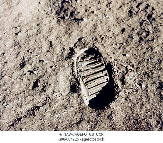 One of the first steps taken on the Moon, this is an image of Buzz Aldrin's bootprint from the Apollo 11 mission. Neil Armstrong and Buzz Aldrin walked on the...