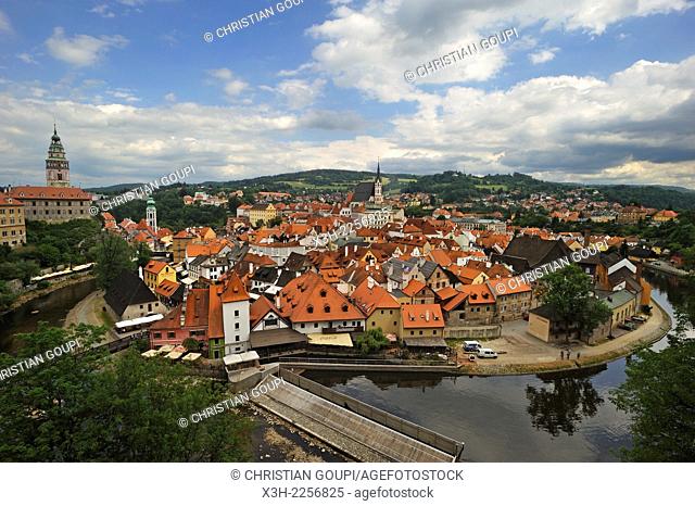 Old Town of Cesky Krumlov and Vltava River viewed from the Castle, South Bohemia, Czech Republic, Europe