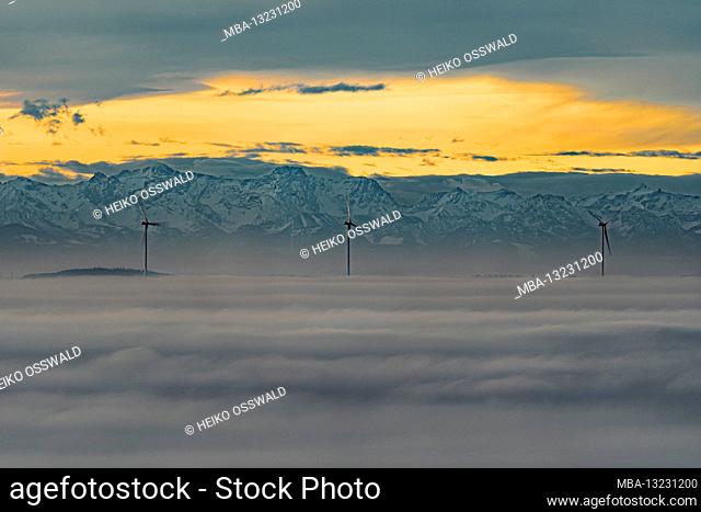 Winkraftanlagen and Alps from Bussen, sea of fog, the Bussen 'holy mountain' Oberschwabens, Uttenweiler, Oberschwaben, Baden-Wuerttemberg, Germany, Europe