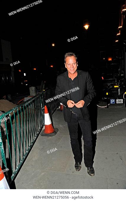 Kiefer Sutherland at the Chiltern Firehouse restaurant in Marylebone. He wore a pair of scruffy unpolished shoes that have seen better days as one was split on...