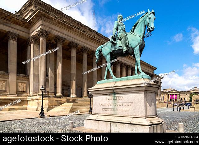 LIVERPOOL, UK - JULY 14 : Statue of Albert Prince Consort outside St Georges Hall in Liverpool, England UK on July 14, 2021