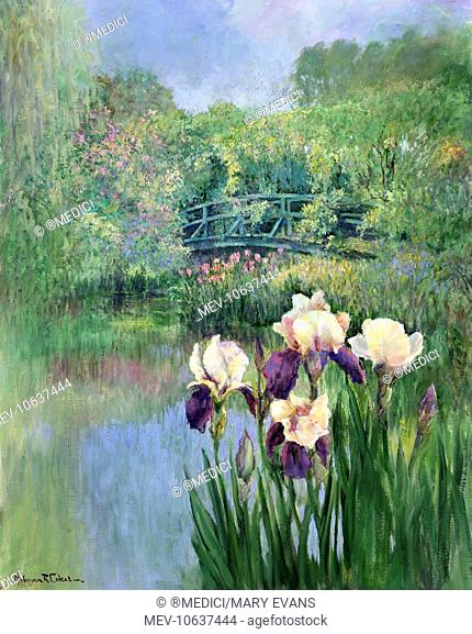 Monet's Garden at Giverny with Irises in the foreground and green bridge over the lake