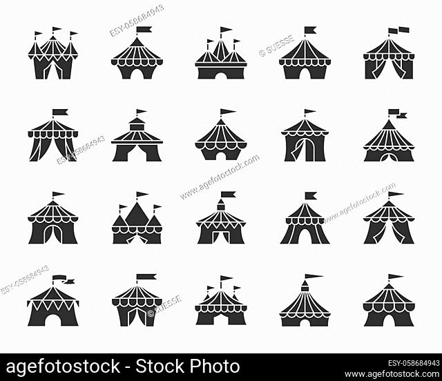 Circus tent glyph icons set. Sign kit of carnival. Cirque canopy pictogram collection includes marquee striped border awning