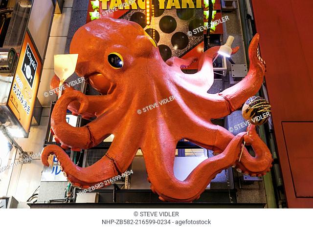 Japan, Honshu, Kansai, Osaka, Namba, Dotombori Street, Takoyaki, Restaurant, Advertising Billboard depicting Giant Octopus
