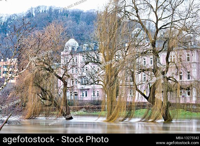 Flood, Saale River, Rosengarten Klinik Heiligenfeld, flooded, Bad Kissingen, Franconia, Bavaria, Germany, Europe