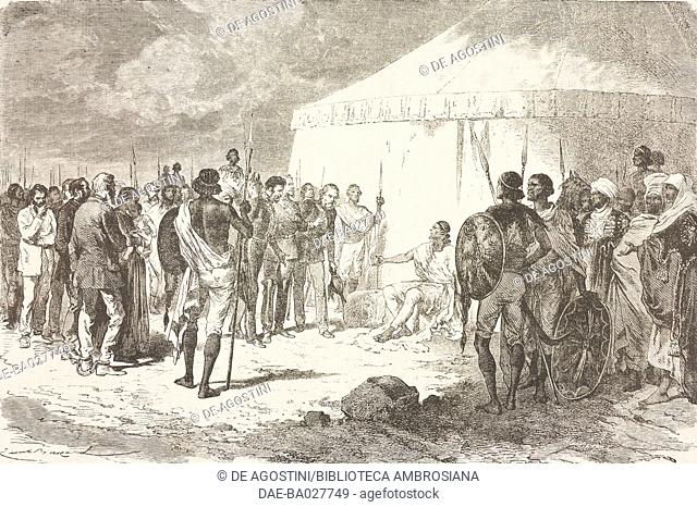 Theodore II welcoming Hormuzd Rassam and his men who were sent to negotiate the release of prisoners, Magdala (Amba Mariam), Ethiopia