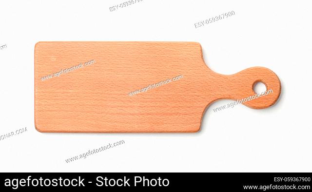 Top view of empty beech cutting board isolated on white