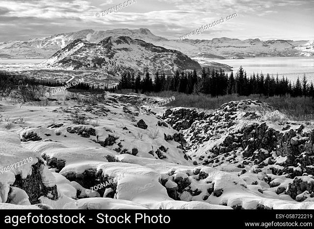 Panoramic image of the beautiful landscape of the Thingvellir National Park during winter, Iceland, Europe