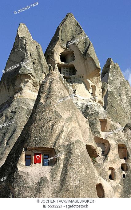 Fairy chimney rock formations, rooms in artificial caves, Uchisar, Cappadocia, Turkey