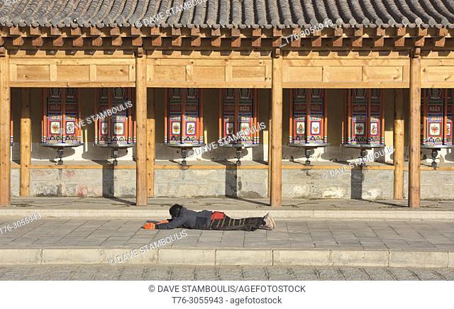 Tibetan pilgrim doing prostrations, Labrang Monastery, Xiahe, Gansu, China