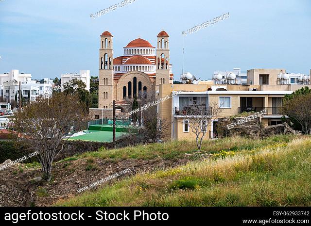 Paphos, Paphos District, Cyprus - March 23 , 2023 - View over the Greek Orthodox Agios Kendeas church